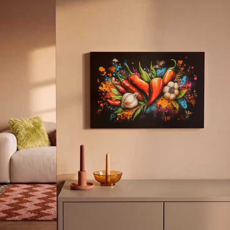 Leinwandbild - Gemüse - Paprika - Knoblauch - Graffiti - Farbe - Bunt — 2