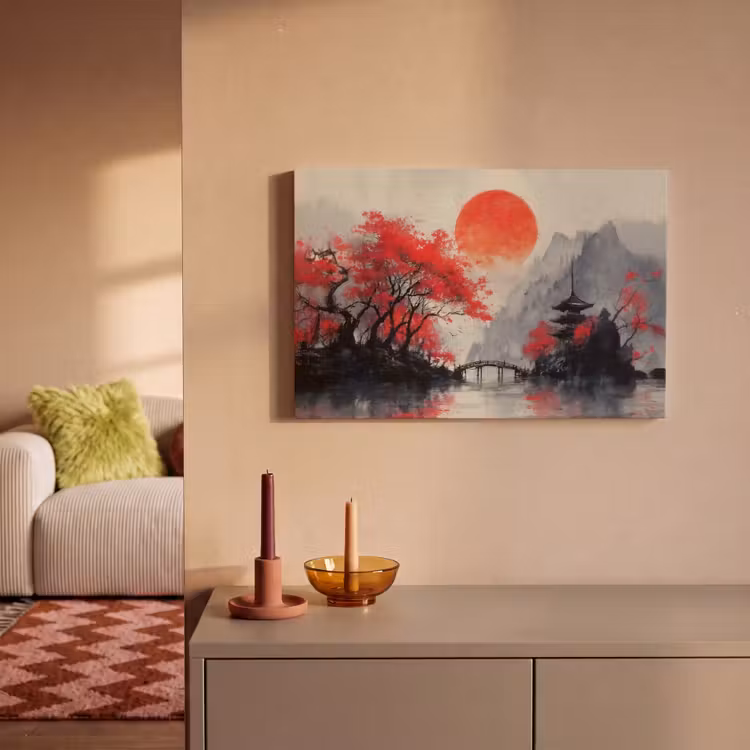 Leinwandbild - Rote Sonne - Fluss - Brücke - Bäume — 2