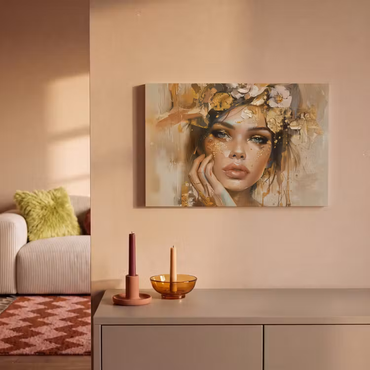 Leinwandbild - Frau - Blumen - Gold - Porträt — 2