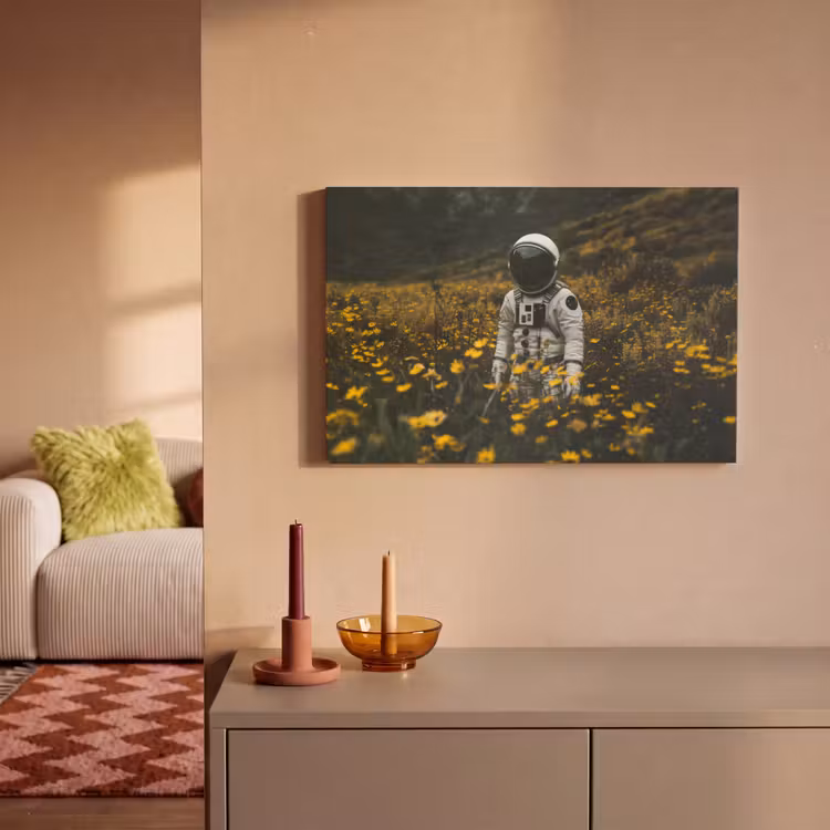 Leinwandbild - Astronaut - Blumen - Feld - Gelb — 2
