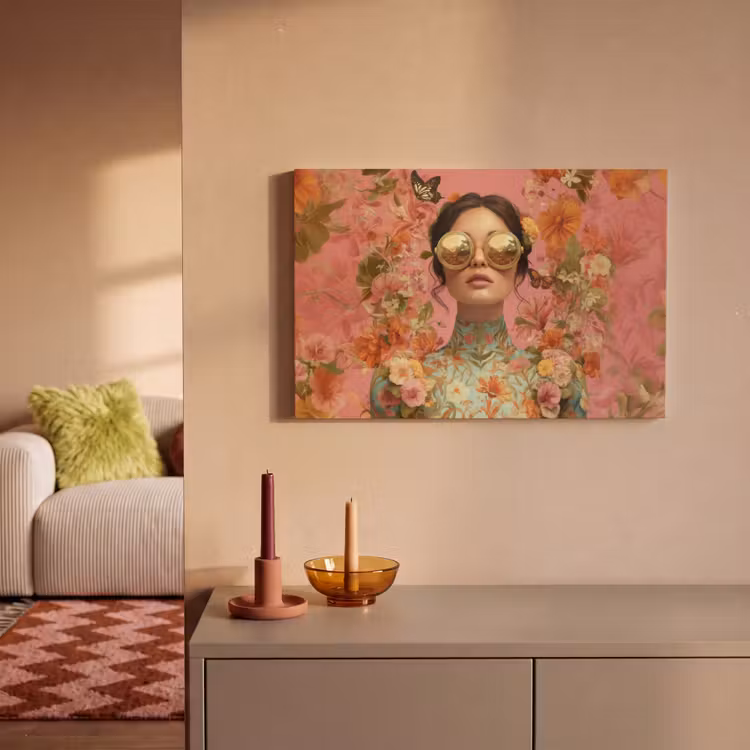Leinwandbild - Frau - Brille - Rosa - Blumen — 2