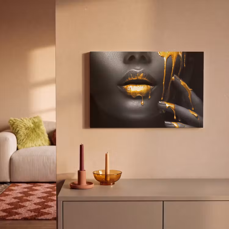Leinwandbild - Frau - Schwarz - Gold - Gesicht - Lippen — 2