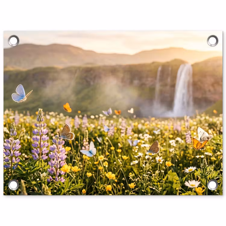 Gartenposter - Schmetterlinge - Wasserfall - Blumenfeld — 1