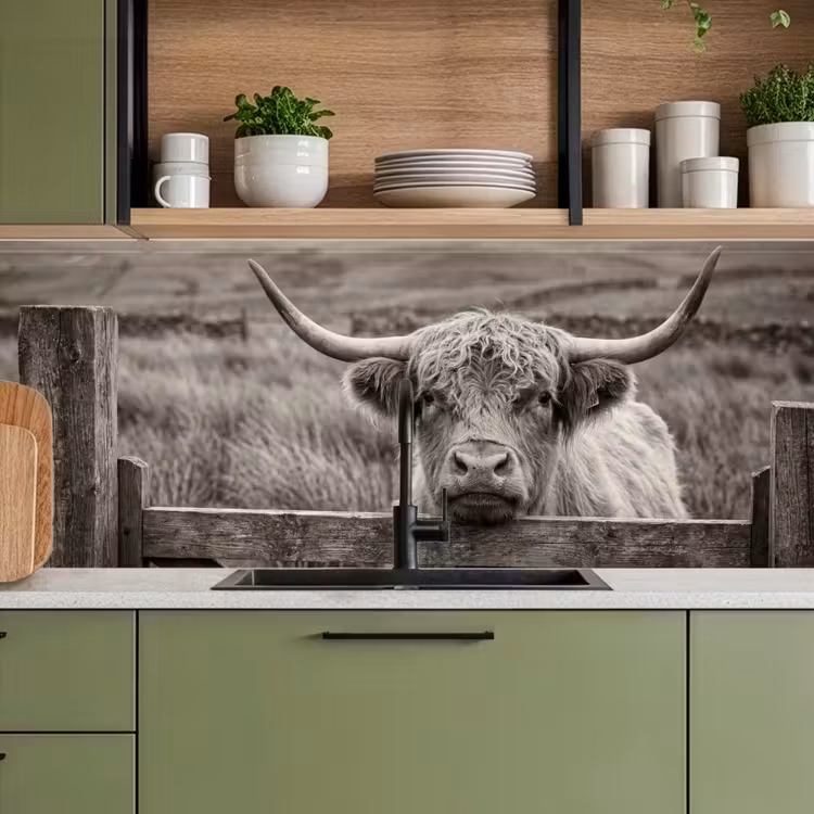 Küchenrückwand - Schottischer Highlander - Schwarz - Weiß - Holz — 8