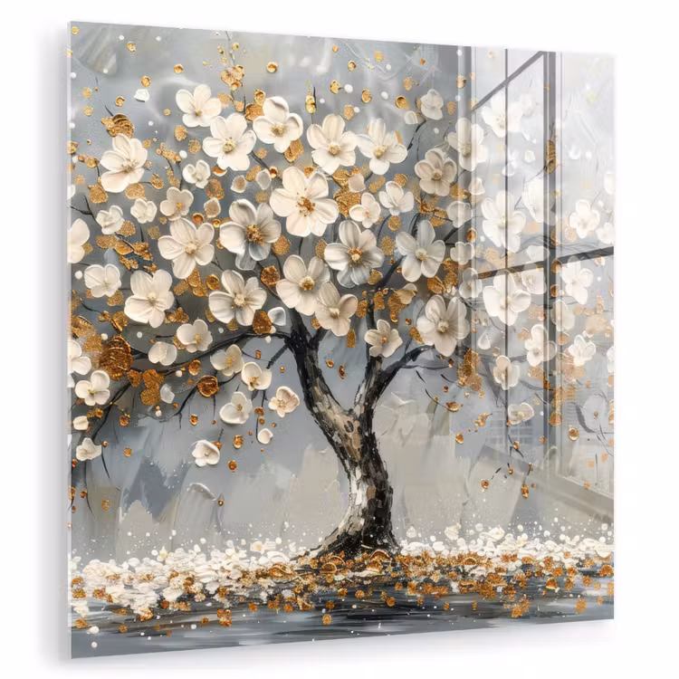 Glasbild - Baum - Blumen - Weiß - Natur - Kunst — 1