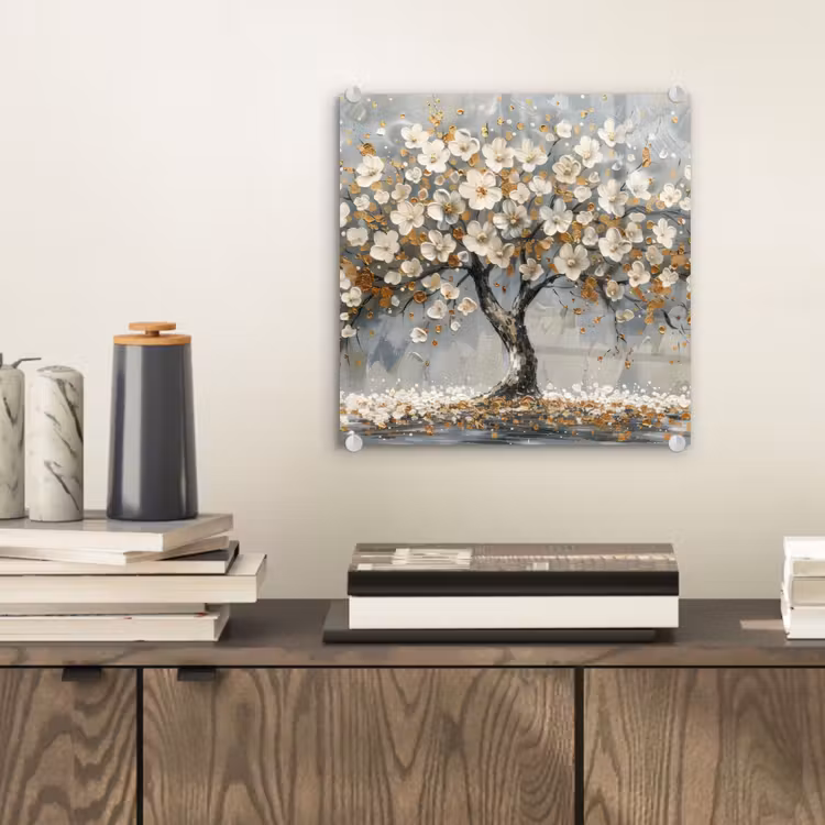 Glasbild - Baum - Blumen - Weiß - Natur - Kunst — 2