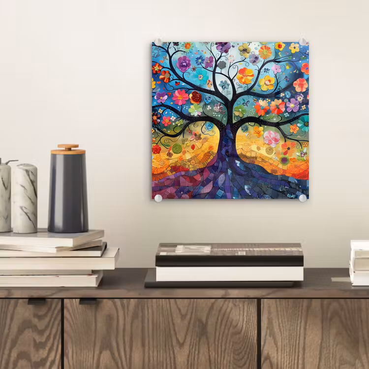 Glasbild - Kunst - Baum des Lebens - Blumen - Hippie — 2