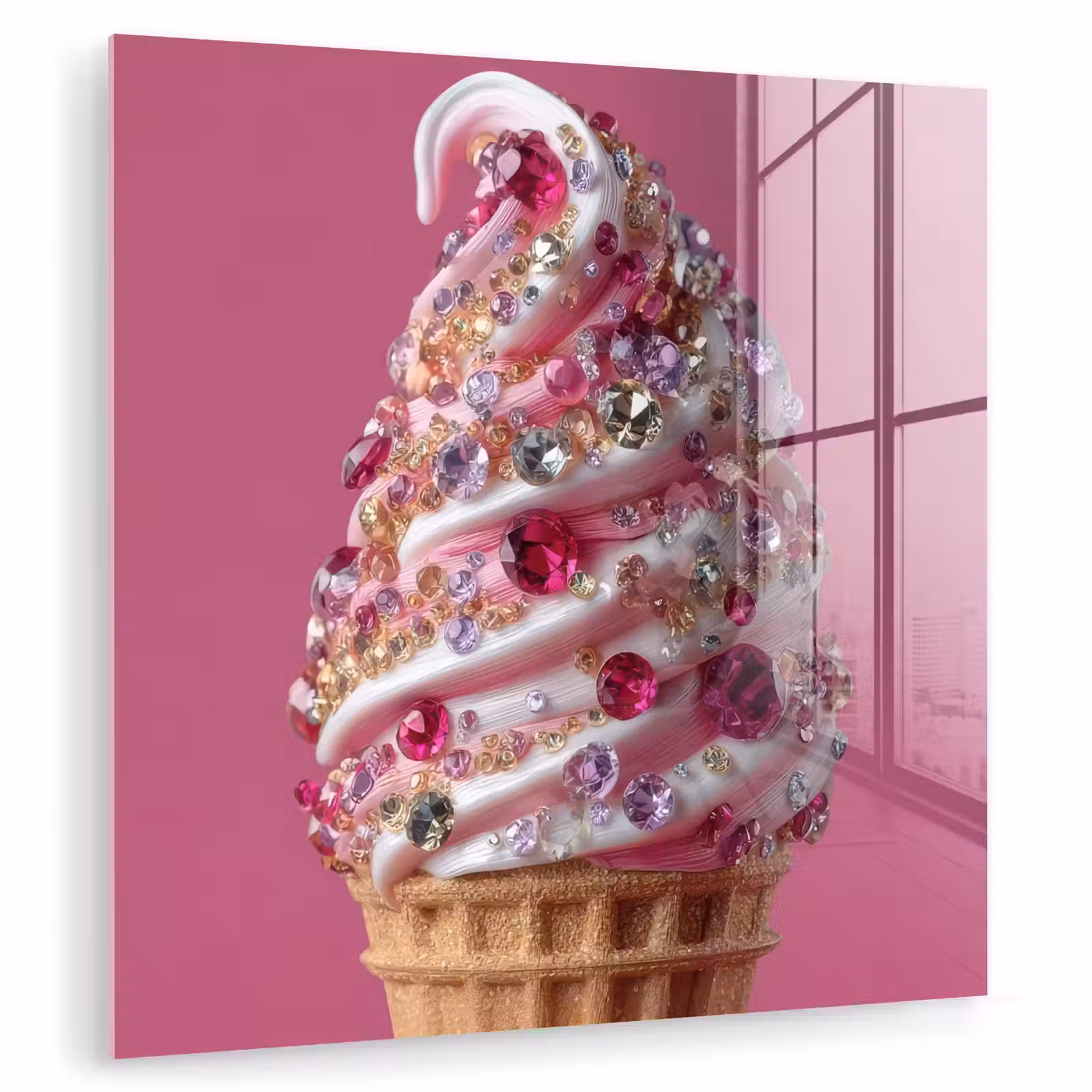 Glasbild - Softeis - Edelsteine - Rosa - Waffel — 1