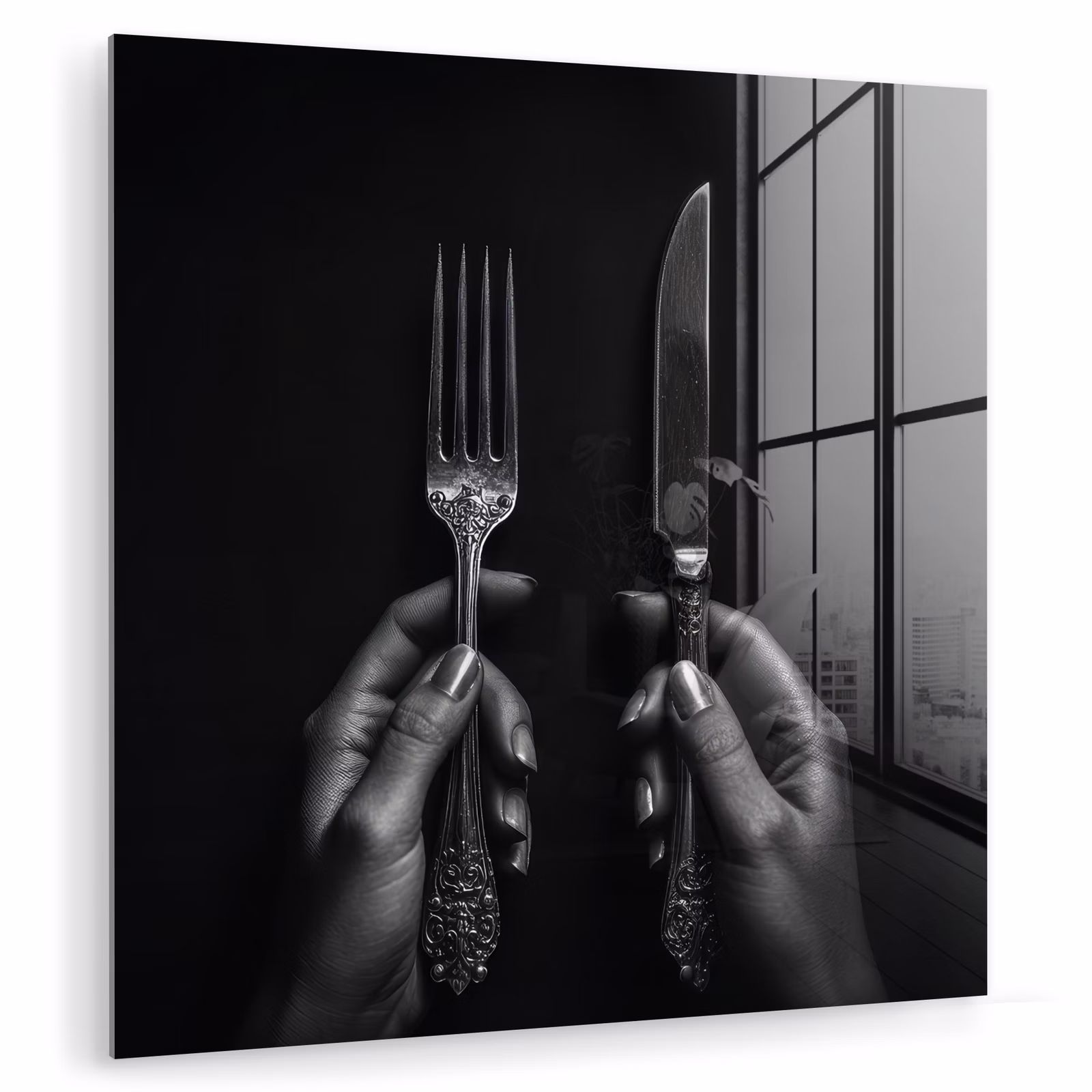 Glasbild - Besteck - Schwarz - Weiß — 1