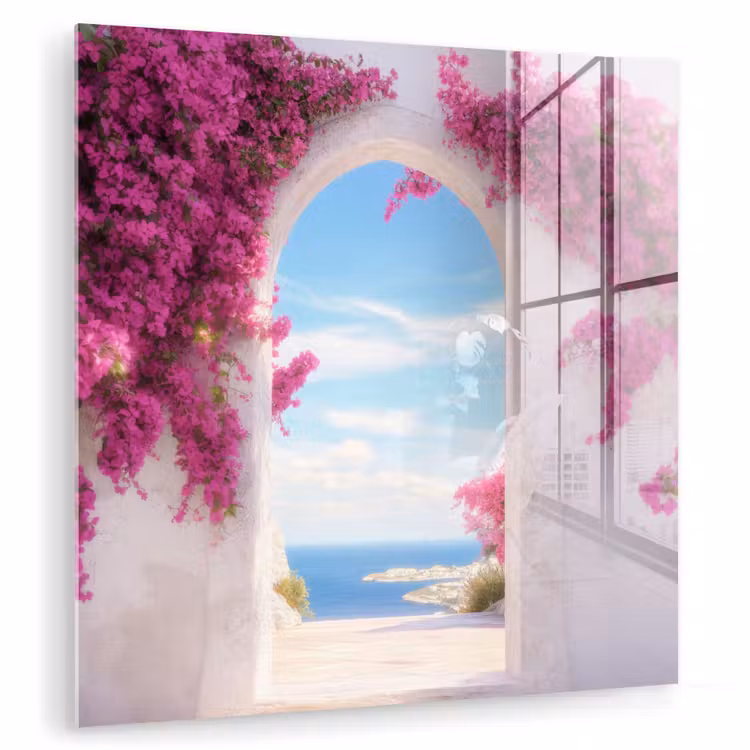 Glasbild - Meer - Rosa - Blumen - Tor — 1