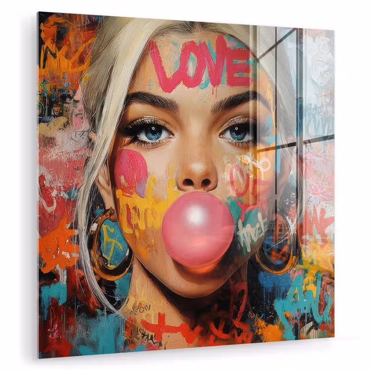 Glasbild - Frau - Kaugummi - Graffiti - Liebe — 1