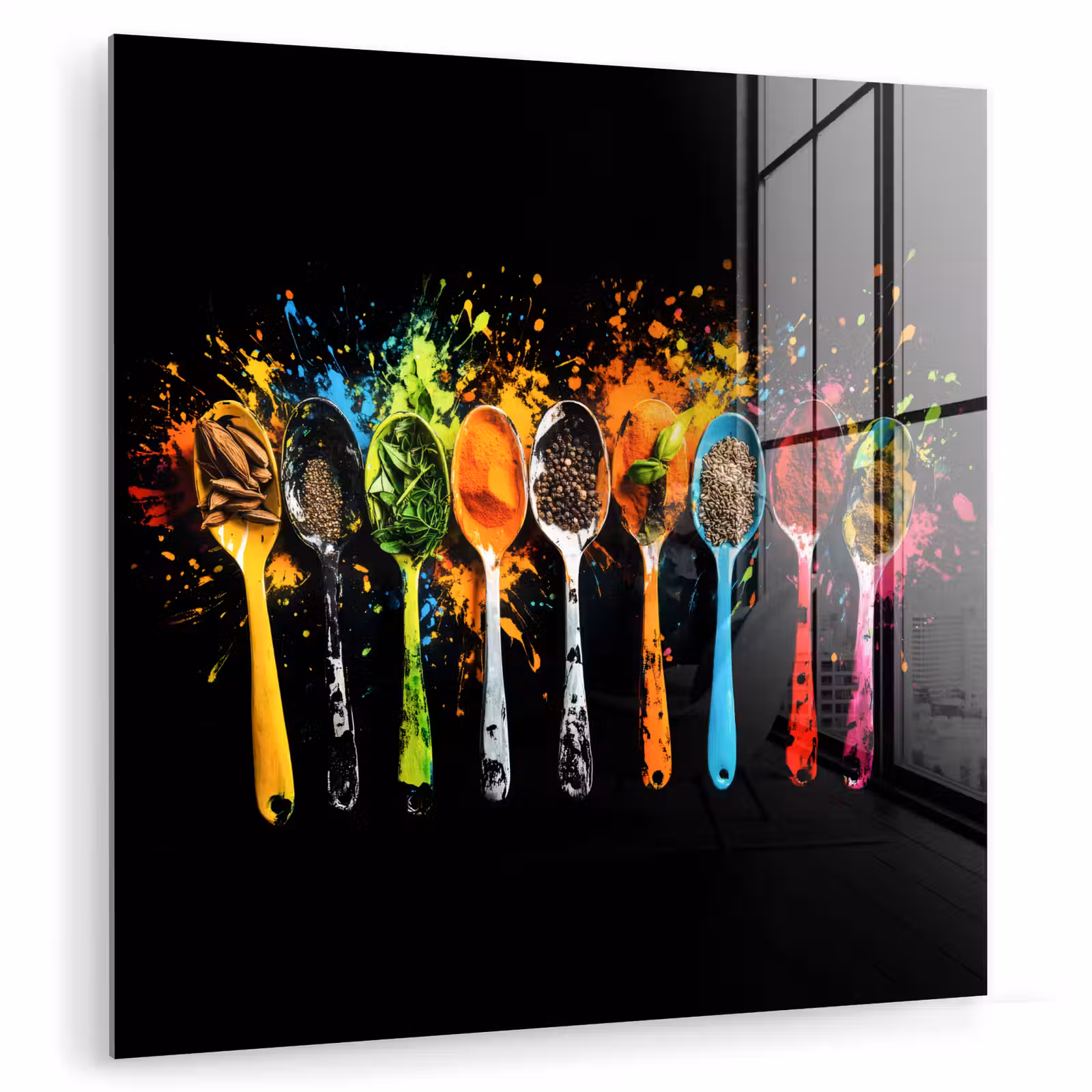 Glasbild - Löffel - Gewürze - Modern - Graffiti - Farbe - Farbenfroh — 1