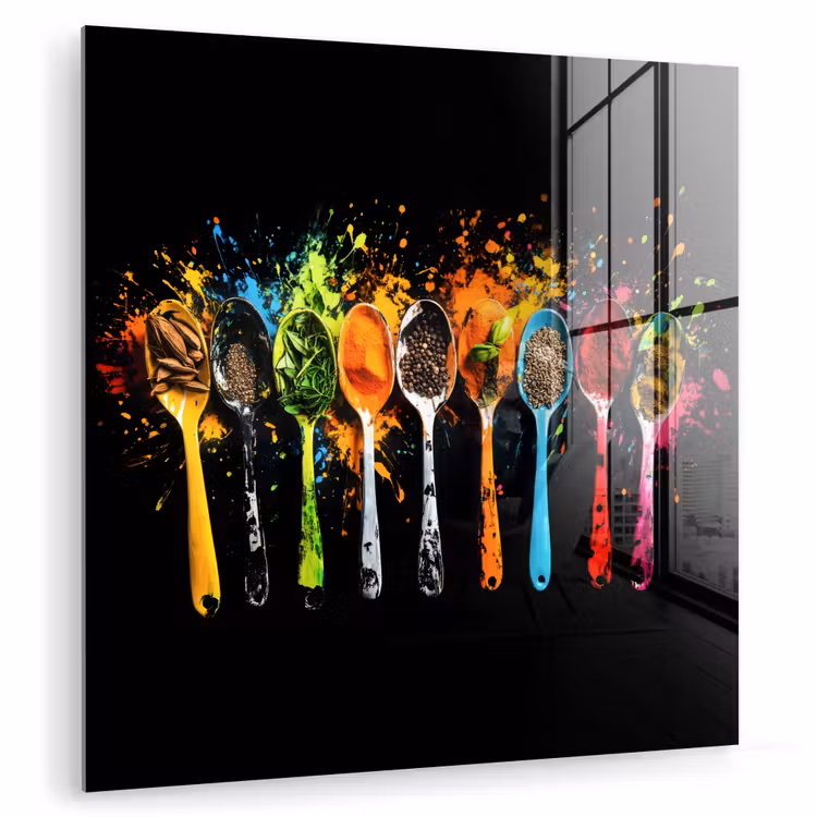 Glasbild - Löffel - Gewürze - Modern - Graffiti - Farbe - Farbenfroh — 1