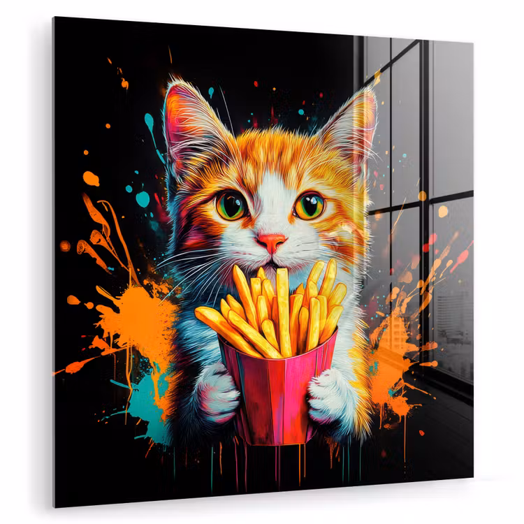 Glasbild - Katze - Essen - Pommes frites - Graffiti - Abstrakt — 1