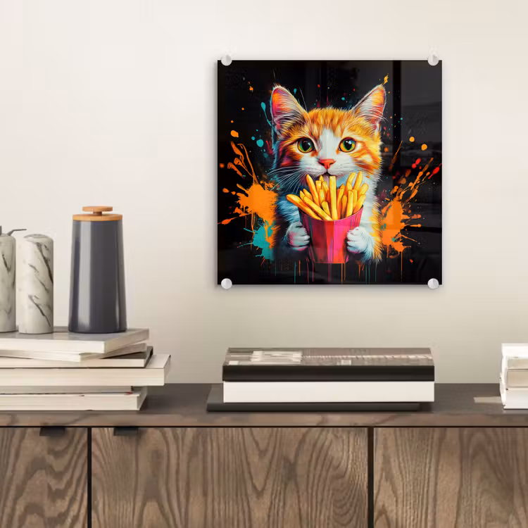 Glasbild - Katze - Essen - Pommes frites - Graffiti - Abstrakt — 2