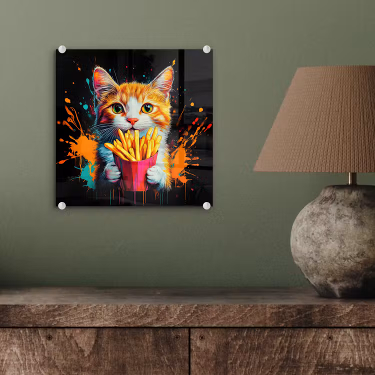 Glasbild - Katze - Essen - Pommes frites - Graffiti - Abstrakt — 4