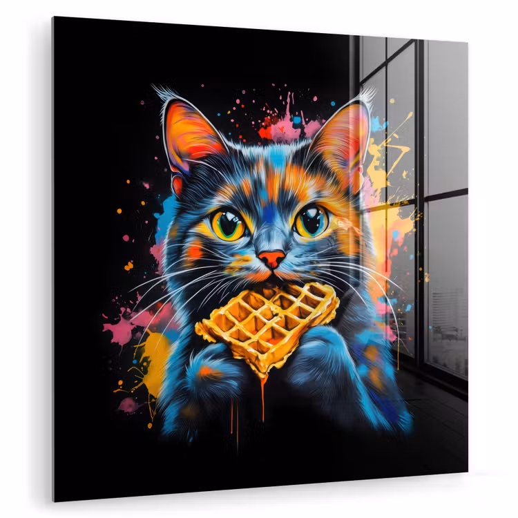 Glasbild - Katze - Graffiti - Bunt - Waffel - Essen — 1