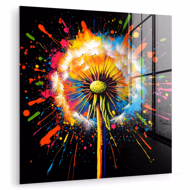 Glasbild - Löwenzahn - Graffiti - Farbenfroh - Blumen - Natur — 1