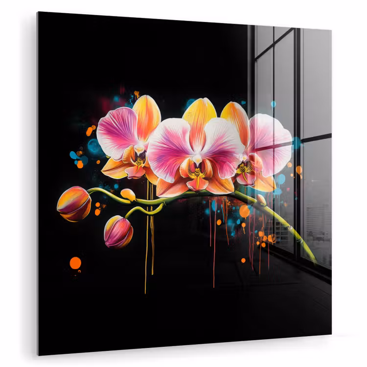 Glasbild - Orchidee - Graffiti - Farbenfroh - Blumen - Abstrakt — 1