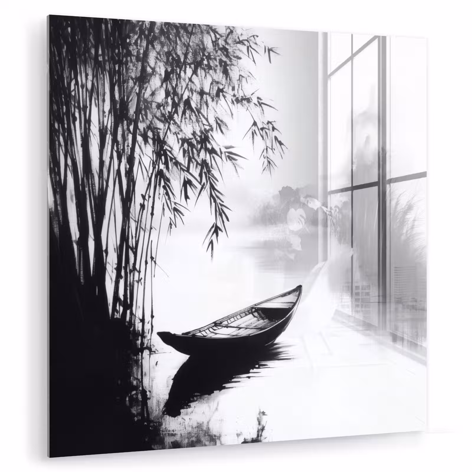Glasbild - Boot - Fluss - Bambus - Weiß — 1