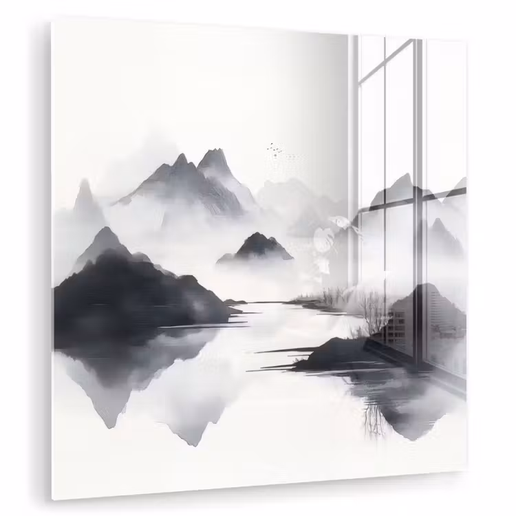 Glasbild - Berge - Neblig - Wasser - Weiß — 1