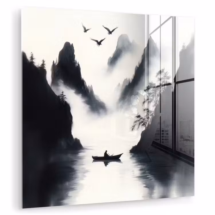 Glasbild - Ruderboot - Neblig - Berge - Vögel — 1