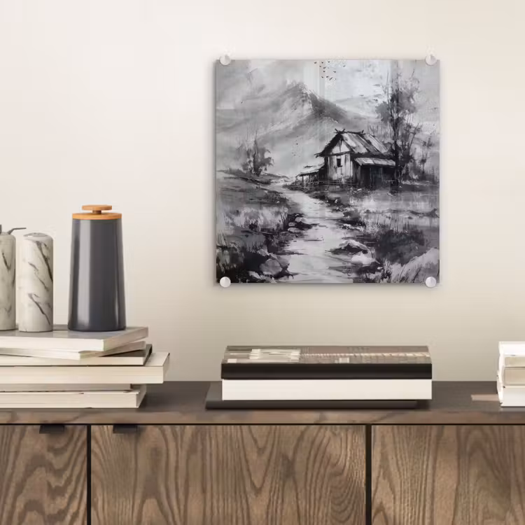 Glasbild - Hütte - Grau - Berge - Neblig — 2