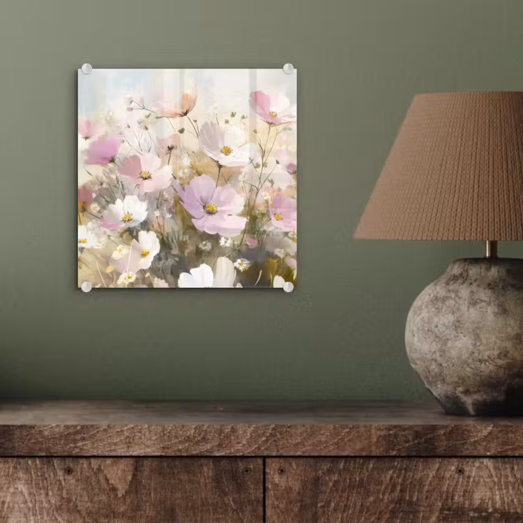 Glasbild - Blumenfeld - Helle Farbtöne - Gemalt — 4