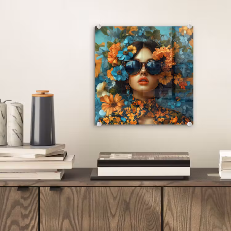 Glasbild - Frau - Blumen - Orange - Blau - Modern — 2