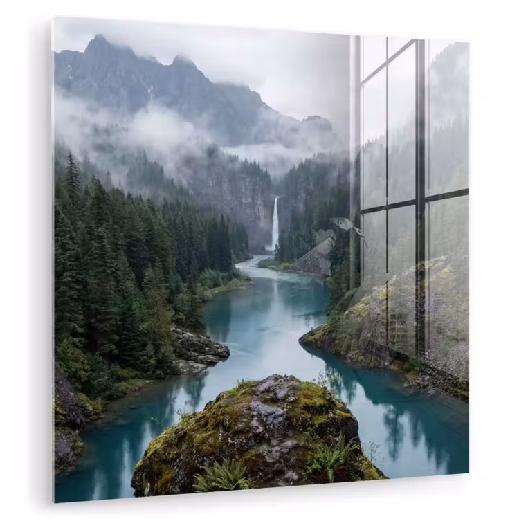 Glasbild - Wasserfall - Bäume - Berge — 1