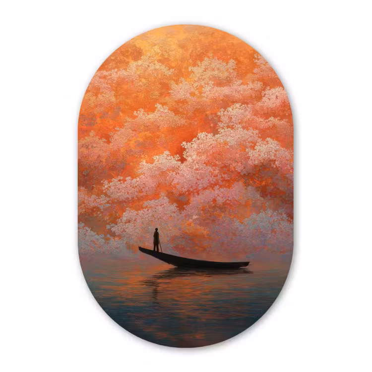 Alu-Dibond-Bild Oval - Meer - Boot - Wolken - Orange — 1