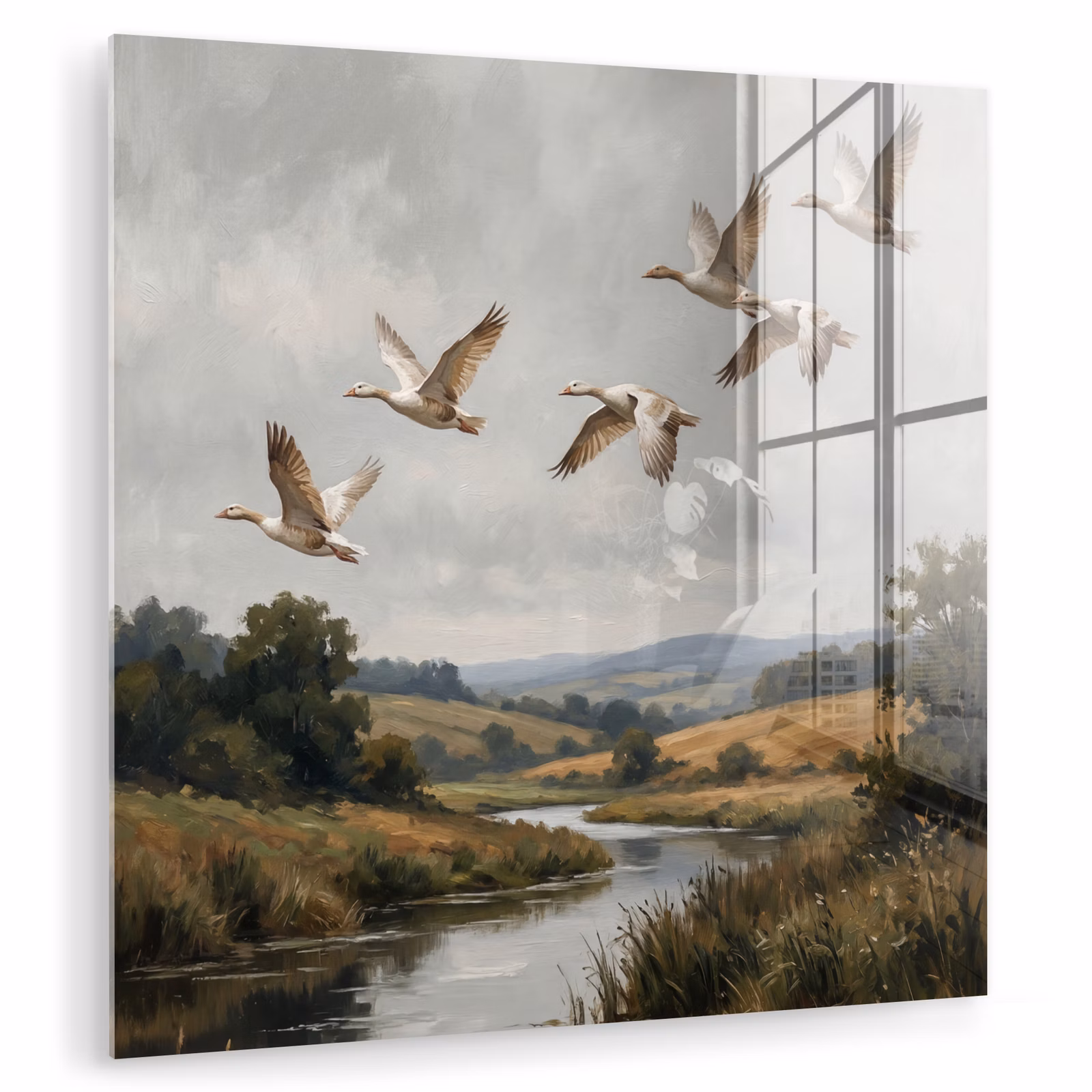 Glasbild - Enten - Fluss - Landschaft - Flug - Nostalgisch — 1