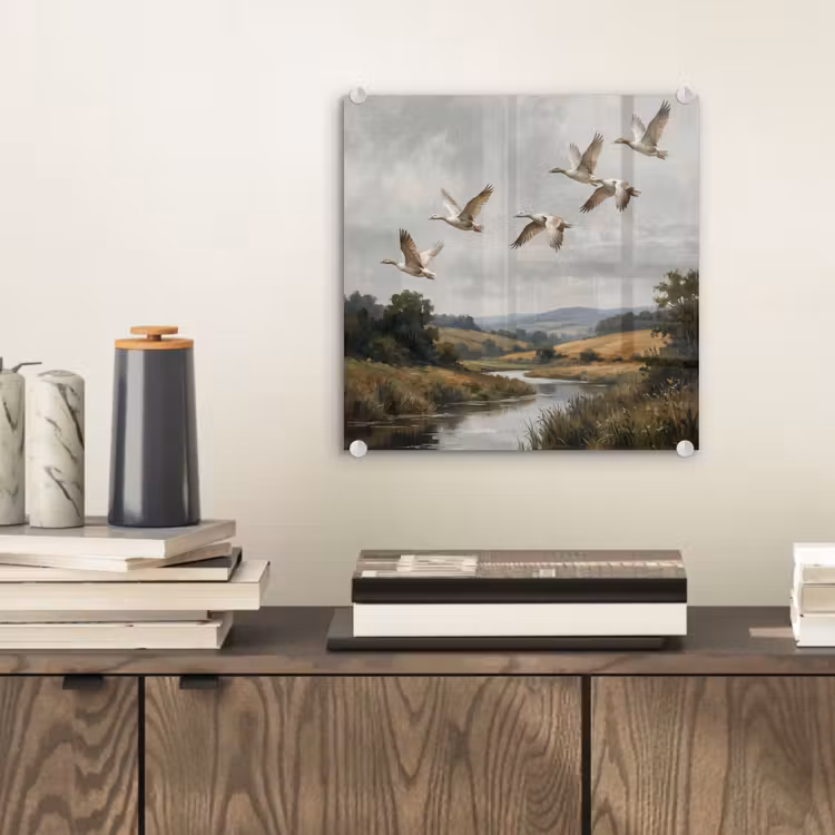 Glasbild - Enten - Fluss - Landschaft - Flug - Nostalgisch — 2