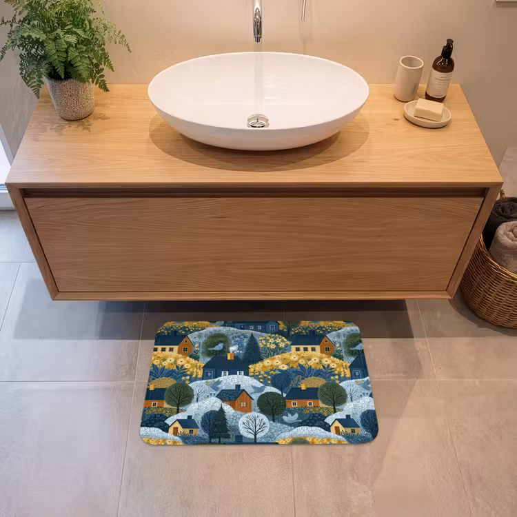 Badematte - Häuser - Blumen - Muster - Gelb - Blau — 2