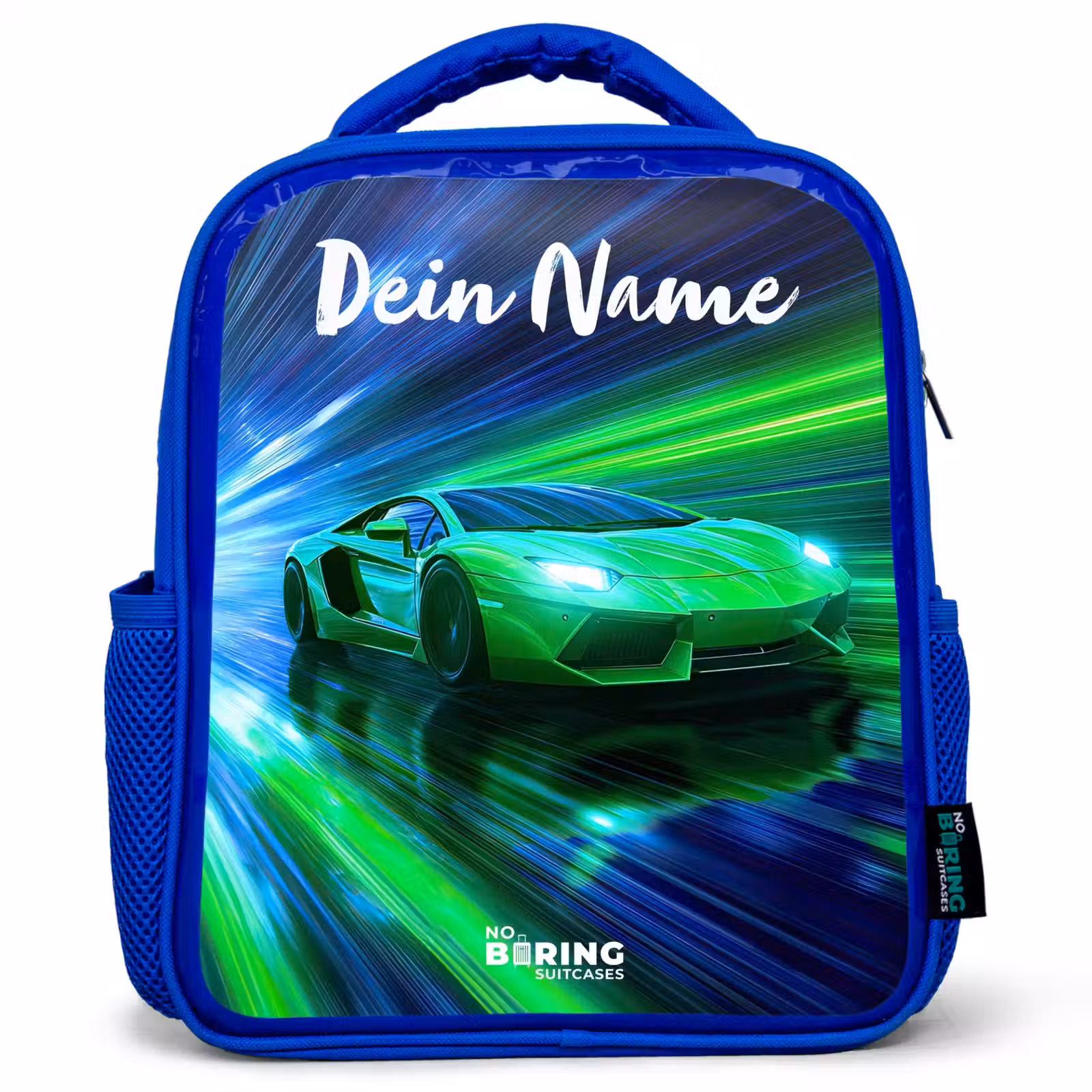 Kinderrucksack - Blau - Sportwagen - Grün - Geschwindigkeitslinien - Neon — 1