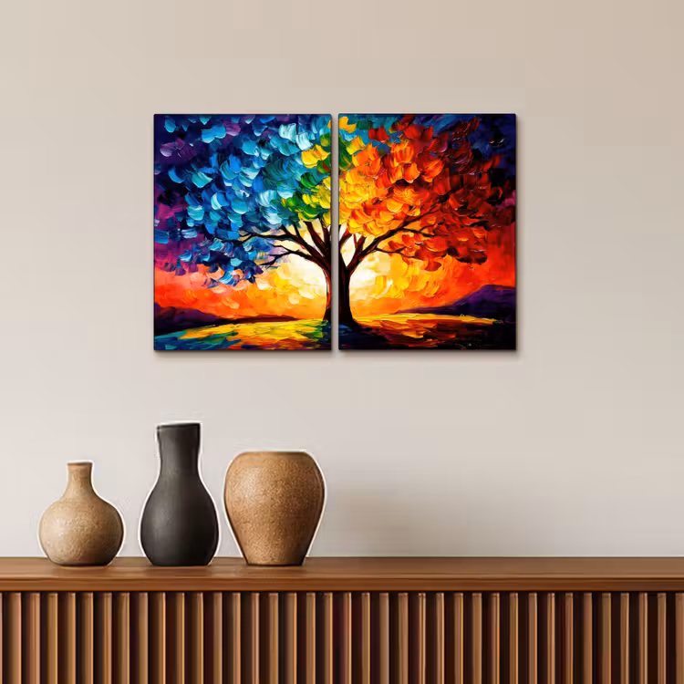 Leinwandbild - 2-teilig - Baum - Farbenfroh - Malerei-Look - Abstrakt — 3