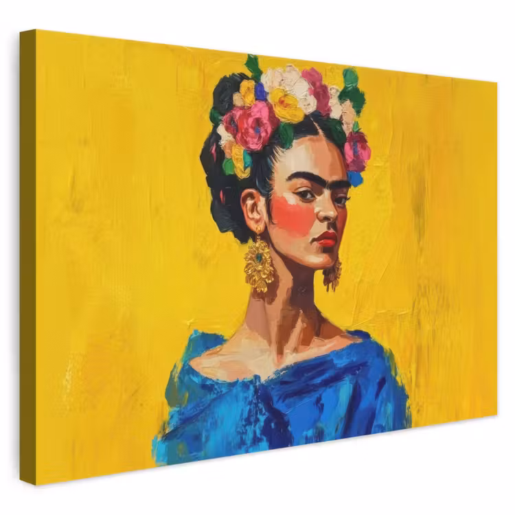 Leinwandbild - Frida Kahlo - Frau - Gelb - Blau - Blumen — 1