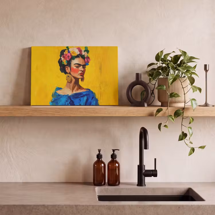 Leinwandbild - Frida Kahlo - Frau - Gelb - Blau - Blumen — 3