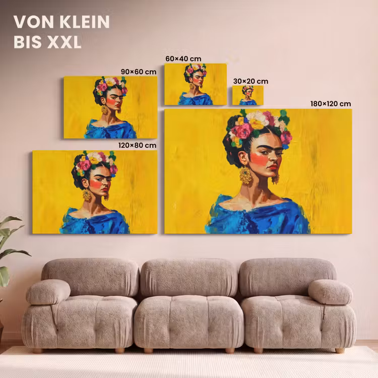 Leinwandbild - Frida Kahlo - Frau - Gelb - Blau - Blumen — 6