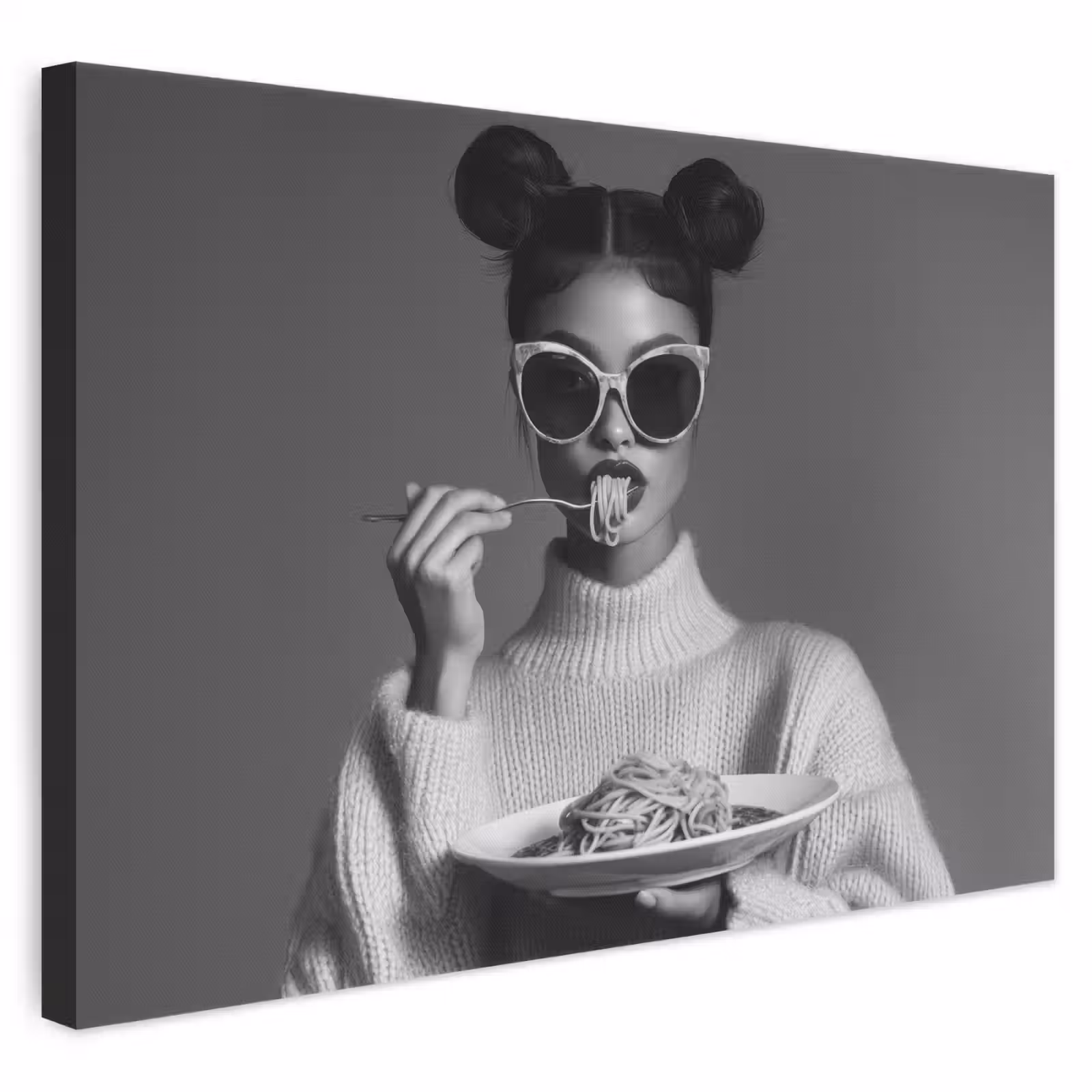 Leinwandbild - Frau - Nudeln - Sonnenbrille — 1