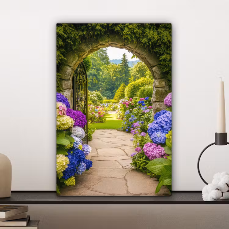 Leinwandbild - Aussicht - Tor - Hortensie - Blumengarten — 4