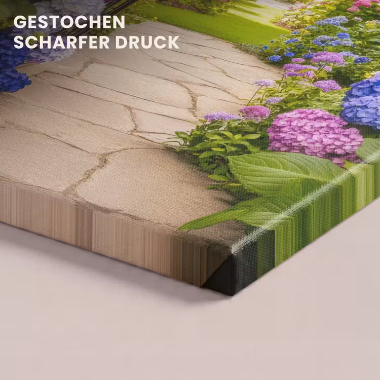 Leinwandbild - Aussicht - Tor - Hortensie - Blumengarten — 6