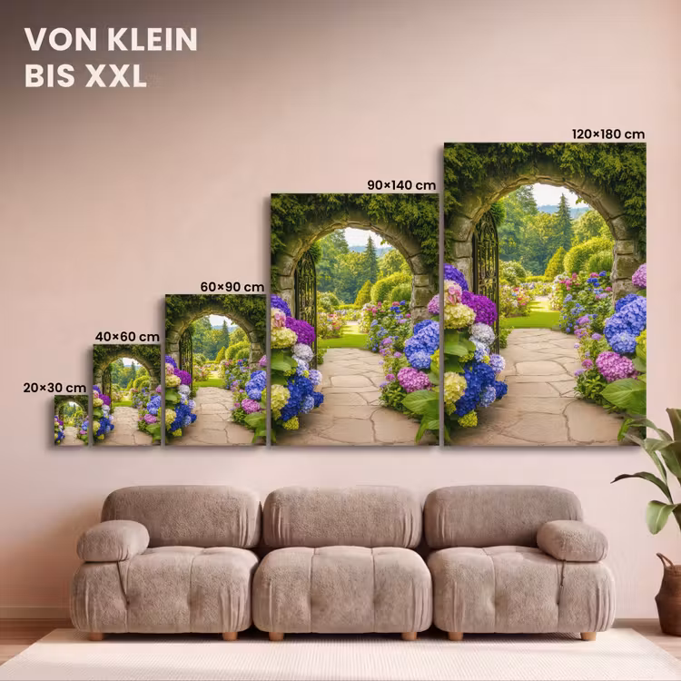Leinwandbild - Aussicht - Tor - Hortensie - Blumengarten — 8
