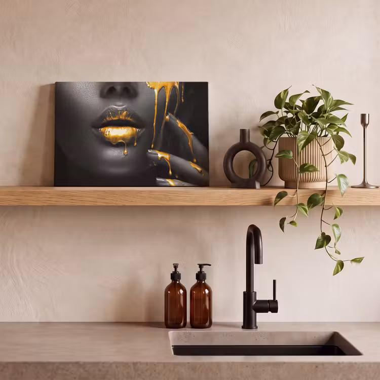 Leinwandbild - Frau - Schwarz - Gold - Gesicht - Lippen — 3