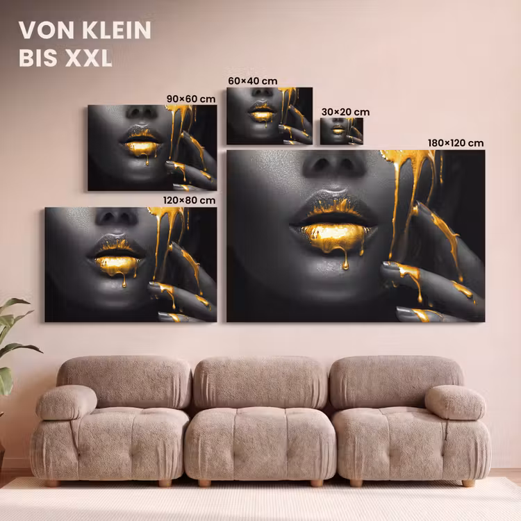 Leinwandbild - Frau - Schwarz - Gold - Gesicht - Lippen — 6