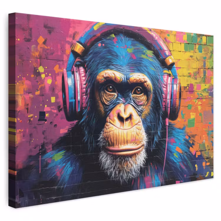 Leinwandbild - Graffiti - Schimpanse - Straßenkunst - Kopfhörer - Affe — 1