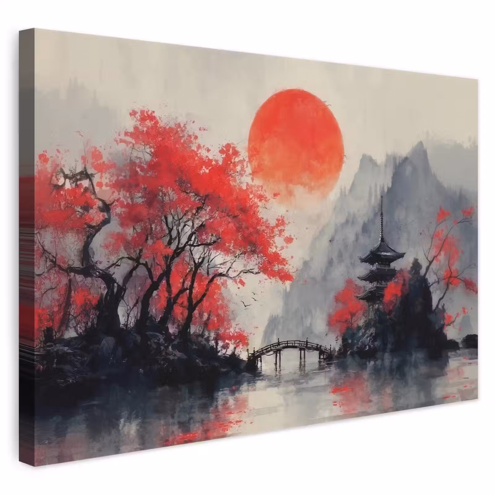 Leinwandbild - Rote Sonne - Fluss - Brücke - Bäume — 1