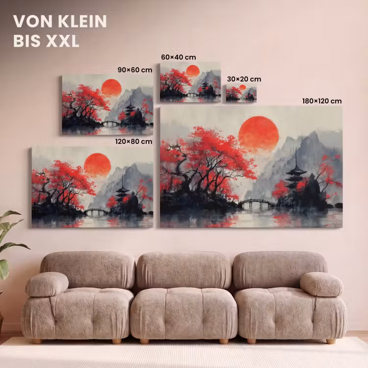 Leinwandbild - Rote Sonne - Fluss - Brücke - Bäume — 6