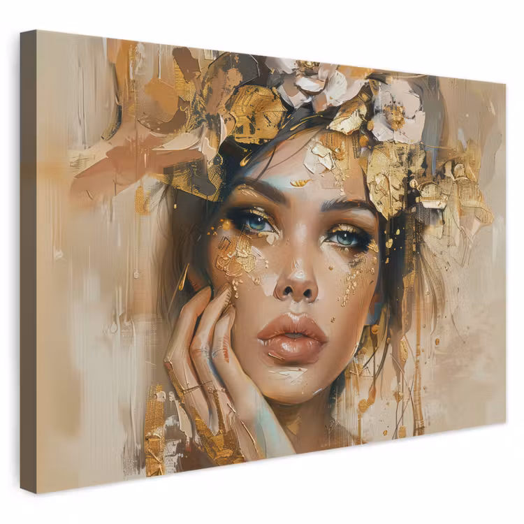 Leinwandbild - Frau - Blumen - Gold - Porträt — 1