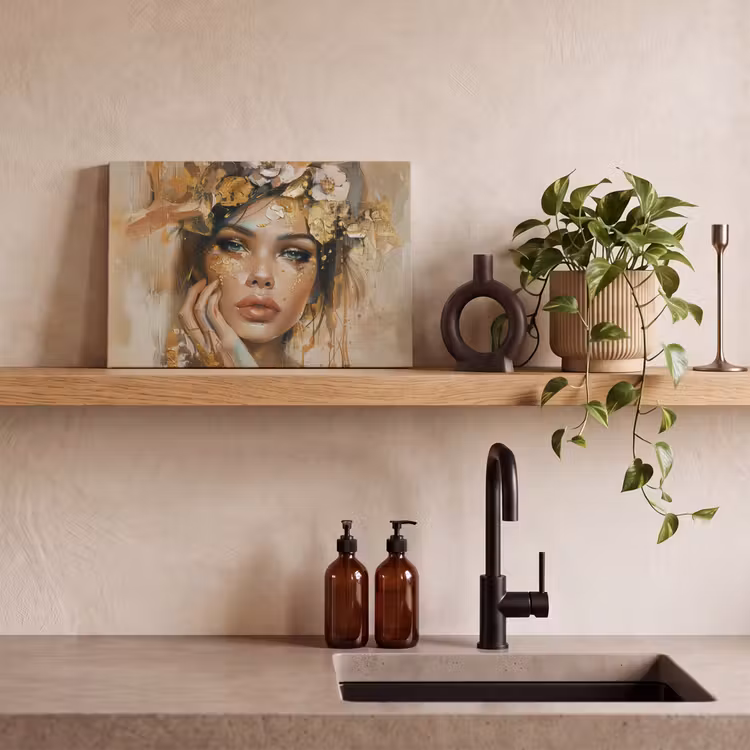 Leinwandbild - Frau - Blumen - Gold - Porträt — 3